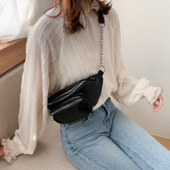 Fanny pack bag crossbody waist adjustable 2 pocket zipper chain bags white black - Picture 6 of 13